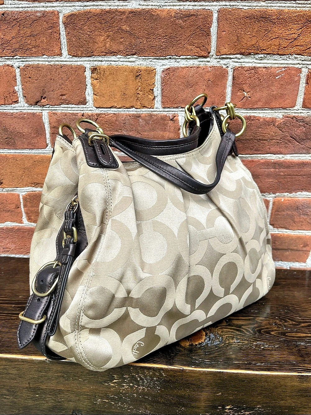 Coach Vintage Signature Op Art Jacquard Maggie Shoulder Hobo Bag Beige & Khaki